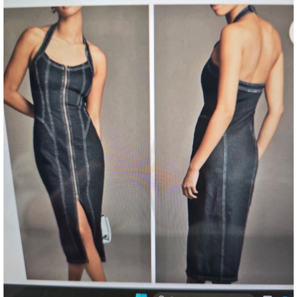 NWT Anthropologie Pilcro Halter Front ZIP Denim Column Midi Dress DK BLUE Large